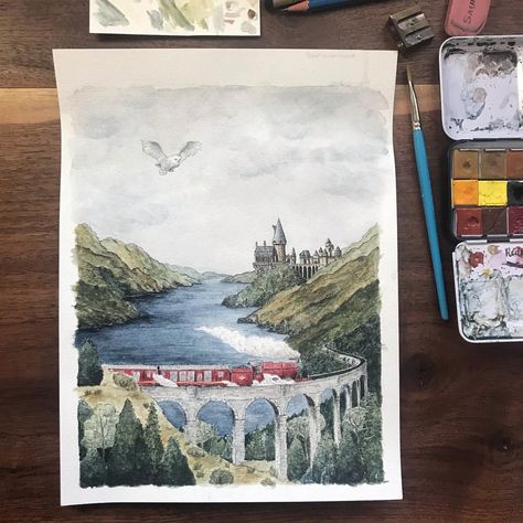 Hogwarts Painting, Watercolor Hogwarts, Harry Potter Watercolor, Harry Potter Sketch, The Hogwarts Express, Harry Potter Painting, Harry Potter Illustrations, Harry Potter Decor, Winter Watercolor