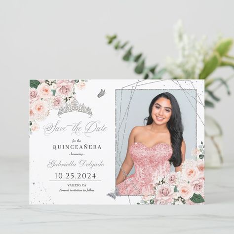 Quinceañera Save The Date, Quince Save The Date Ideas, Save The Date Quinceanera Ideas, Blush Pink Quinceanera Theme, Pink Quinceanera Theme, Blush Pink Quinceanera, Quinceanera Save The Date, Enchanted Theme, Save The Date Invites