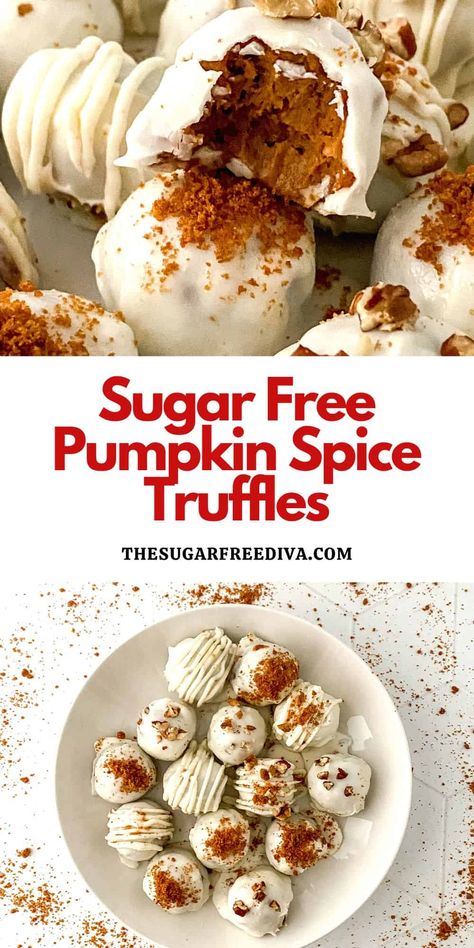 Sugar Free Pumpkin Spice Truffles, a simple no bake candy coated dessert or snack recipe made with no added sugar. Dieabitic Dessert Recipes, Sugar Free Fall Desserts, Pumpkin Spice Truffles, Sugar Free Truffles, No Bake Candy, No Sugar Snacks, Sugar Free Cookie Recipes, Pumpkin Spice Desserts, Sugar Free Desserts Easy