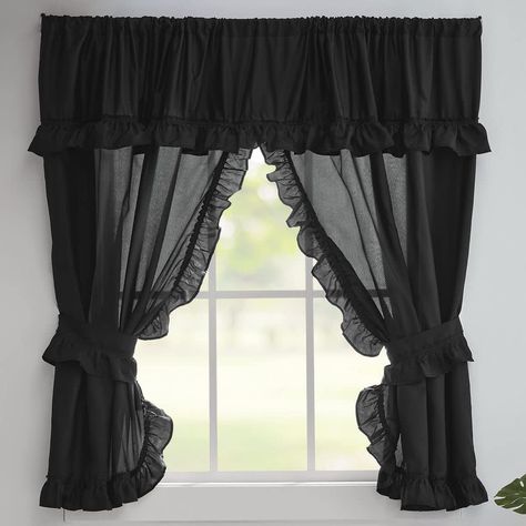 PRICES MAY VARY. Ruffled polyester window curtain with attached valance and tiebacks Measures 70"x45" Machine washable *Ruffled polyester window curtain with attached valance and tiebacks *Measures 70"x45" *Machine washable Goth Curtains, Black Curtains Bedroom, Curtains With Attached Valance, Gothic Decor Bedroom, Rococo Furniture, Ruffle Curtains, Window Treatments Curtains, Gothic Windows, Dark Curtains