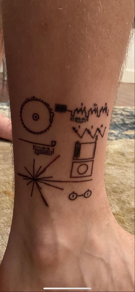 Space Science Tattoo, Chest Space Tattoo, Voyager Disc Tattoo, Voyager One Tattoo, Tattoo Ideas Engineering, Golden Mean Tattoo, Cool Science Tattoos, Apollo 11 Tattoo, Astromony Tattoo