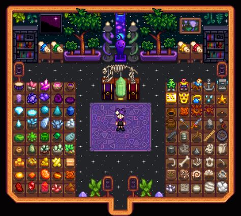 Stardew Valley Shed Museum, Stardew Valley Crystalarium, Stardew Valley Museum Layout Rainbow, Shed Ideas Stardew Valley, Stardew Shed Designs, Shed Design Stardew Valley, Stardew Decoration, Stardew Valley Museum Layout, Stardew Ideas