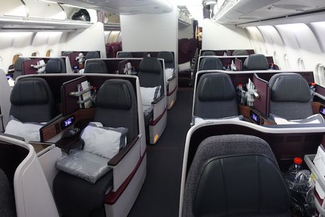 Qatar A340 Business Class cabin. Qatar Airways Business, Qatar Airways, Business Class, Doha, Qatar, Airlines, Car Seats, Flight, Cabin