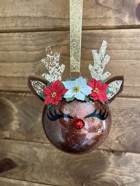 Reindeer Ornament | Etsy Diy Bulb Ornaments, Diy Glass Christmas Ornaments, Deer Ornaments Diy, Reindeer Ornaments Diy, Diy Reindeer Ornaments, Diy Christmas Ornaments To Sell, Ornament Contest, Homemade Ornament Ideas, Trendy Ornaments