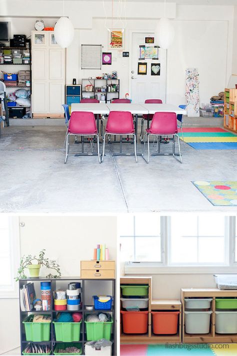 Garage School Room, Garage Playroom Conversion, Garage Clubhouse, Garage Art Studio Ideas, Outdoor Playroom, Playrooms Ideas, Kids Art Station, Art Studio Ideas, Garage Classroom