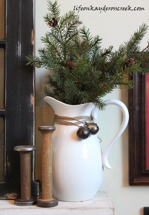 Rustic Christmas Decor, White Pitcher, Country Christmas Decorations, Christmas Decorations Rustic, Farmhouse Christmas Decor, Primitive Christmas, Great Room, Country Christmas, Christmas Centerpieces