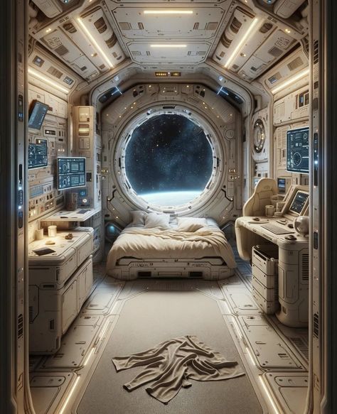 Bedroom In Spaceship, Space Waiting Room Shifting, Science Fiction Spaceship, Space Explorer Aesthetic, Space Station Concept Art Interior, Spaceship Quarters, Alien Ship Interior, Future Space Station, Sci Fi Room Concept Art