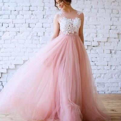 Pink Tulle Prom Dress, Gaun Tulle, Cheap Prom Dresses Long, Pink Lace Tops, Pink Prom Dress, Lace Prom Dress, Pink Prom, Piece Prom Dress, A Line Prom Dresses