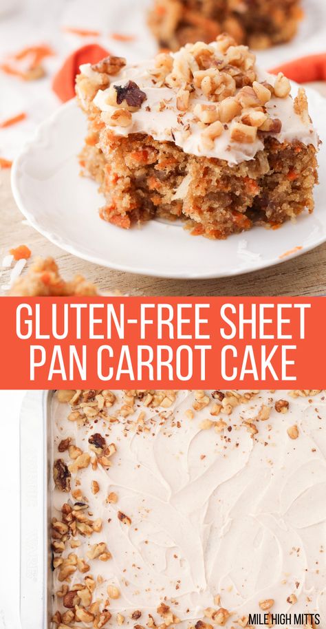 Gluten-free Sheet Pan Carrot Cake is an easy version of the classic Easter or Spring dessert. No cake stacking or fancy cake decorating required! Loaded with carrots, coconut, walnuts, cinnamon, nutmeg and ginger. Topped with a Cinnamon Cream Cheese Frosting. Gluten Free Sheet Pan Cake, Gluten Free Sheet Pan Desserts, Gluten Free Cake Decorating, Gluten Free Carrot Cake Bars, Gf Carrot Cake Recipe, Sheet Pan Carrot Cake, Fancy Cake Decorating, Gf Carrot Cake, Gluten Free Carrot Cake Cupcakes