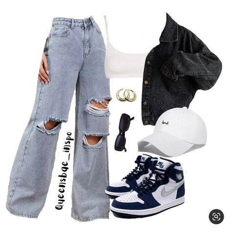 Ripped Jean Outfit Ideas, Blue Jean And White Top Outfits, Ripped Jeans And Crop Top Outfit, Black Crop Top And Jeans Outfit, Ripped Jean Jacket Outfit, Black Top And Blue Jeans Outfit, Blue Jeans And Black Top Outfit, Crop Jeans Jacket Outfit, Fit Inspo Blue Jeans