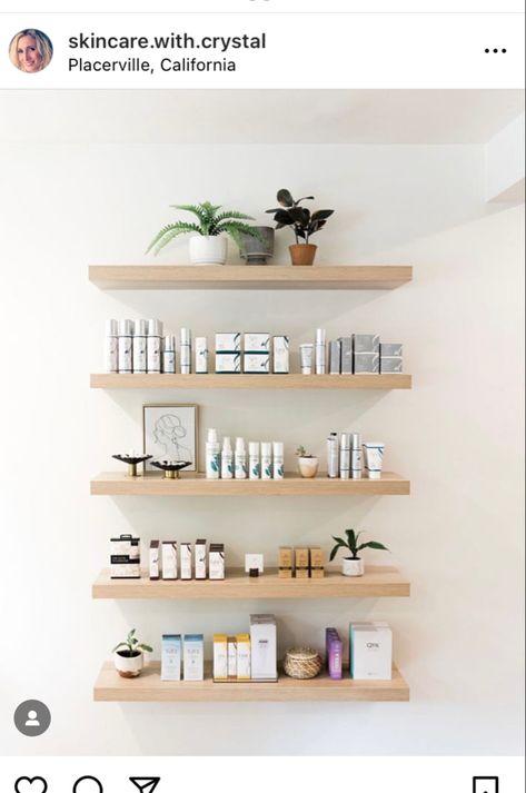 Floating Product Shelves Salon, Skin Care Retail Display, Esthetician Retail Display, Spa Retail Display, Salon Retail Display Ideas, Beauty Product Display, Skincare Pics, Salon Retail Display, Spa Reception Area