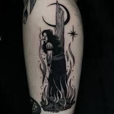 Salem Witch Trials Tattoo, Witch Pinup Tattoo, Magick Tattoo, Witchy Tattoo Ideas, Witchcraft Tattoos, Occult Tattoo, Magic Tattoo, Witch Tattoo, Fire Tattoo