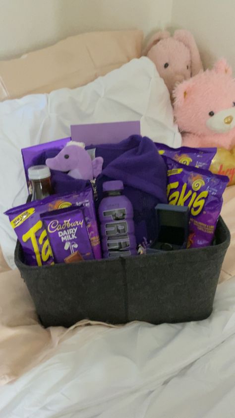 Gift Basket For Bf, Basket For Bf, Birthday Baskets For Him, Birthday Baskets For Boyfriend, Purple Gift Basket, Summer Gift Baskets, Goodie Basket, Halloween Gift Baskets, Gift Baskets For Him