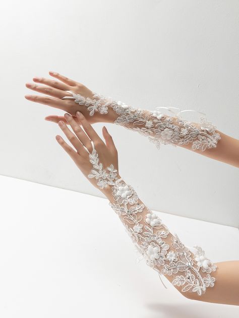 Rhinestone & Sequin Decor Bridal Gloves | SHEIN USA Lace Gloves Wedding, White Lace Gloves, Classy Wedding Dress, Wedding Gloves, Bridal Gloves, Sequin Decor, Lace Gloves, Wedding Goals, White Bridal