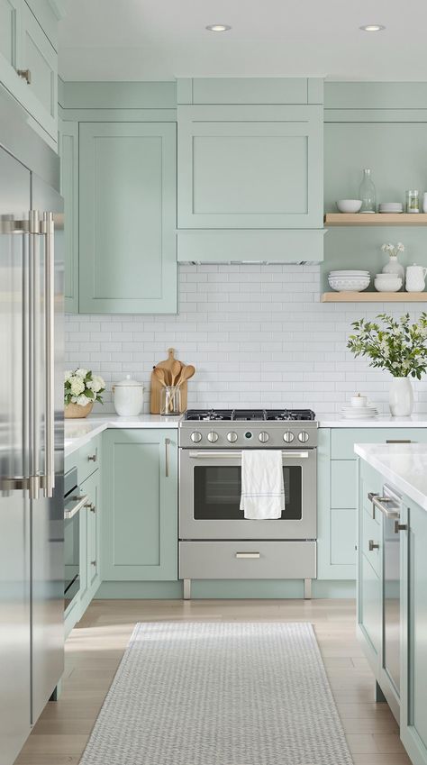 Coastal Kitchen Designs Sea Salt Kitchen Walls, Coastal Kitchen Colors, Sea Green Kitchen, Seafoam Green Kitchen, Sea Salt Kitchen, Blue Green Kitchen, Light Green Kitchen, Coastal Kitchens, Aqua Kitchen