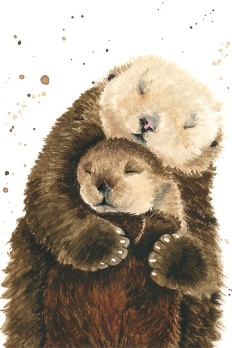 An adorable parent and one baby otter enjoying a hug. Beige fur faces and brown fur covering the rest of their bodies. This is showing from the middle of their bodies upwards. Their eyes are closed as they enjoy their embrace Otter Clipart, Bear Face Drawing, Otter Family, Baby Animal Painting, Polar Bear Drawing, Mother And Baby Animals, Scrapbooking Printables, Otter Art, Baby Otter