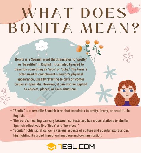 Bonita Meaning: What Does the Term "Bonita" Mean? Spanish Adjectives, Baby Names And Meanings, Word Meaning, Spanish Words, Names With Meaning, Being Used, Baby Names, Physics, Meant To Be