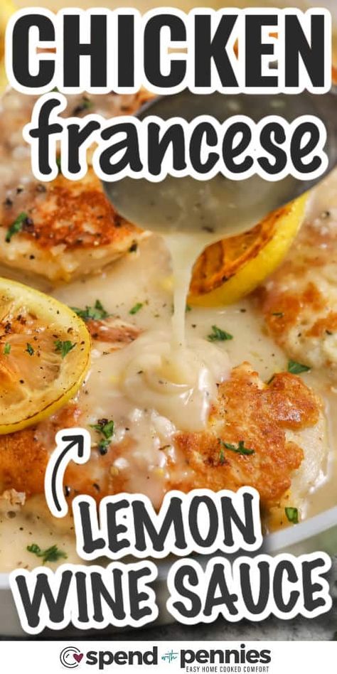 Chicken Francese is the perfect way to bring a taste of Italy to your dinner table! Tender chicken cutlets are coated in a Parmesan-lemon egg wash, then browned and simmered in a luscious lemon, garlic, and white wine sauce. This dish is both elegant and simple, making it ideal for weeknight dinners or special occasions. Serve it with your favorite sides for a meal everyone will love! #spendwithpennies Lemon Wine Sauce, Easy Homemade Lasagna, Lemon Wine, Chicken Francese, Chicken Cutlet Recipes, Cut Recipe, Skillet Dishes, Homemade Lasagna, Meatless Main Dishes