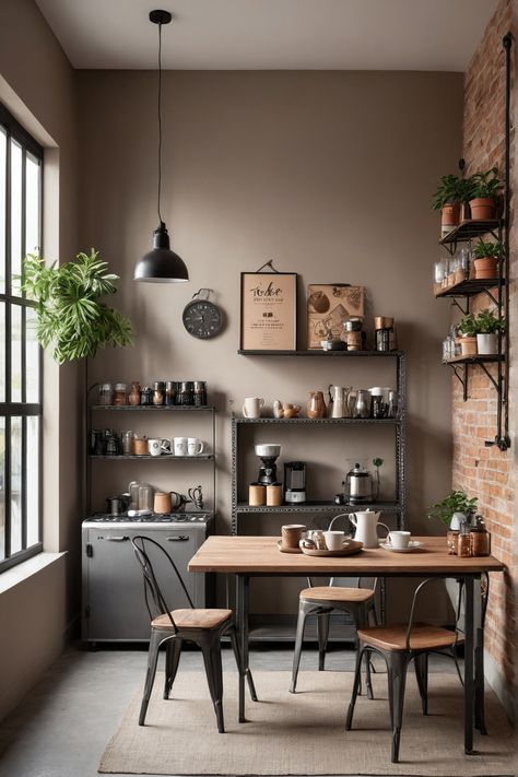 Cozy kitchen nook with a wooden table, mismatched chairs, a coffee station, plants, and industrial shelves filled with various kitchen items. Living Room Cafe Style, Industrial Coffee Bar Ideas, Rustic Coffee Shop Interior, Coffee Corner Design, Coffee Nook In Kitchen, Wall Coffee Bar, Coffee Nook Ideas, Coffee Nooks, Industrial Coffee Bar