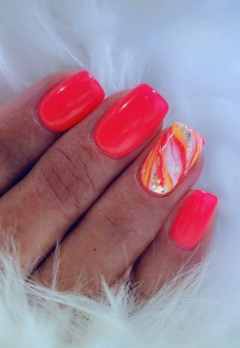 Summer Nails Coral Design, Bright Coral Nails Design, Europe Vacation Nails, Neon Pink Nail Designs, Hot Coral Nails, Coral Red Nails, Summer Nails Coral, Bright Coral Nails, Salmon Nails