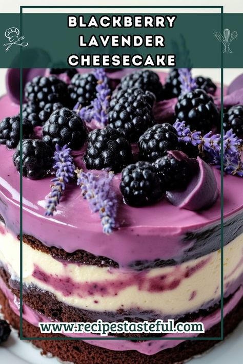 This exquisite Blackberry Lavender Cheesecake features luscious chocolate cake layers, creamy cheesecake filling, and a delightful blackberry lavender topping. It’s the perfect dessert for special occasions or when you want to impress your guests with a unique flavor combination. Blackberry Tiramisu, Blackberry Desserts, Lavender Cheesecake, Blackberry Cake Recipe, Chocolate Cake Layers, Blackberry Lavender, Cheesecake With Chocolate, Layer Cheesecake, Blackberry Cheesecake