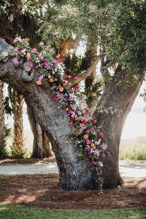 Wedding Tree Flowers, Flowers On Tree Wedding, Oak Tree Wedding Ceremony, Tree Wedding Ceremony, Oak Tree Wedding, Lowndes Grove Wedding, Charleston Wedding Venues, May Wedding, Fairy Forest