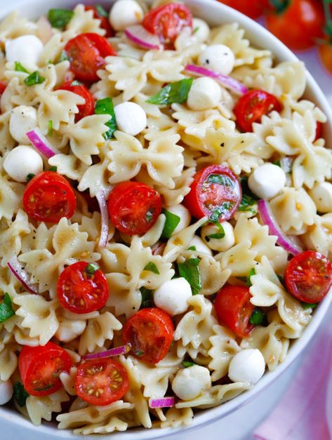 Recipes With Cool Whip, Tomato Mozzarella Salad, Bowtie Pasta Salad, Broccoli Fritters, Caprese Recipes, Mozzarella Balls, Bow Tie Pasta, Caprese Pasta Salad, Caprese Pasta