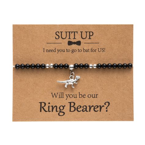 PRICES MAY VARY. The ring bearer gift is the perfect way to say thank you to the youngest ring bearer in your wedding party. A masculine, boys bracelet, it is made from 4mm black onyx beads and 4mm silver plated beads. Our ring bearer bracelet has five sizes for choice, length is from 5.1"to 6.7", which can match most wrist sizes. suitable for most boys. Thank you for leading the way down the aisle on the happiest day of our lives, your love and flowers will make the wedding complete! Our Servic Dinosaur Bracelet, Boys Bracelet, Boy Bracelet, Boy Ring, Gifts For Boy, Ring Bearer Gift, Ring Bearer Boy, Boys Bracelets, Ring Bearer Gifts