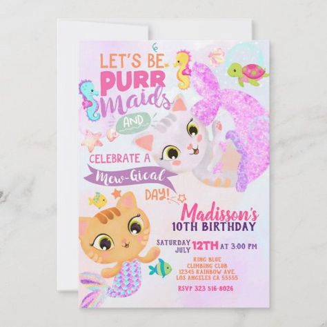 $ 3.13 | Cat Mermaid Purrmaids Birthday Invitation - pool party, mercat party, under the sea invite, mermaid kitty, cat, mermaid, under, sea, meowmaid Kitty Mermaid Birthday Party, Mercat Birthday Party, Cat Birthday Party Invitations, Cat Mermaid, Under Sea, Summer Party Invitations, Mermaid Invitations, Mermaid Birthday Invitations, Cat Birthday Party