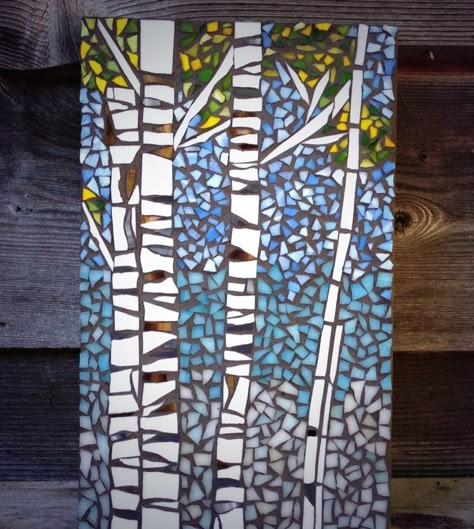 Birch Tree Mosaic, Mosaic Birch Trees, Mosaic Tree Art, Mosaic On Wood, Mosaic Trays, Mosaic Trees, Mosaic Landscape, Mosaic Tree, Landscape Mosaic