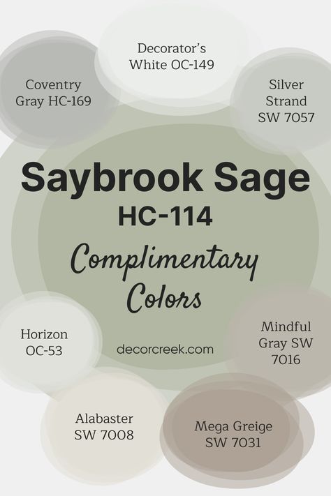 Saybrook Sage HC-114 Paint Color by Benjamin Moore Saybrook Sage Benjamin Moore, Saybrook Sage, Sage Paint Color, Svelte Sage, Mega Greige, Coventry Gray, Greige Paint, Mindful Gray, Silver Strand