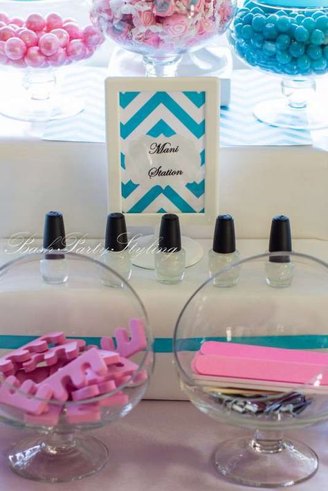 Spa Party Birthday Party Ideas | Photo 1 of 19 | Catch My Party Deco Spa, Spa Day Party, Spa Birthday Party, Pamper Night, Kids Spa Party, Nail Station, Girl Spa Party, Kids Spa, Spa Birthday Parties