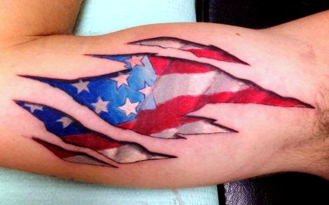 Usa Flag Tattoo, Skin Tear Tattoo, Family Sleeve Tattoo, Ripped Skin Tattoo, Patriotic Cross, Cool Half Sleeve Tattoos, Patriotic Tattoos, Cross Tattoo For Men, Military Tattoos