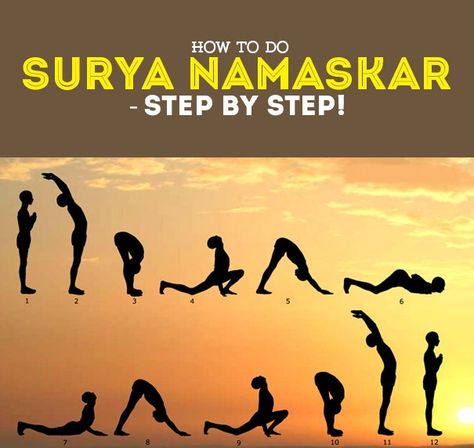 Surya Namaskar Step By Step, Surya Namaskara, Shoulder Tension, Yoga Breathing, Surya Namaskar, Mountain Pose, Cobra Pose, 12 Steps, Easy Yoga