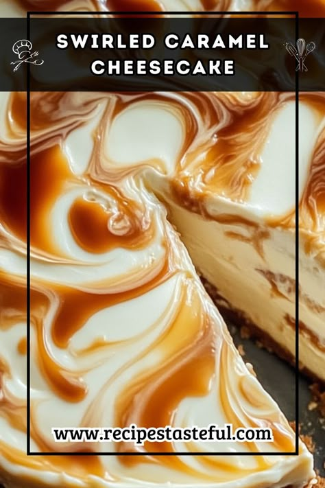 This Swirled Caramel Cheesecake is a rich and creamy dessert with a buttery graham cracker crust and a decadent caramel swirl throughout. Perfect for special occasions or a sweet treat! Swirl Cheesecake Recipes, Caramel Swirl Cheesecake, Carmel Cheesecake, Caramel Cheesecake Recipes, Swirl Cheesecake, Caramel Cheesecake, Family Together, Creamy Desserts, Graham Cracker Crust