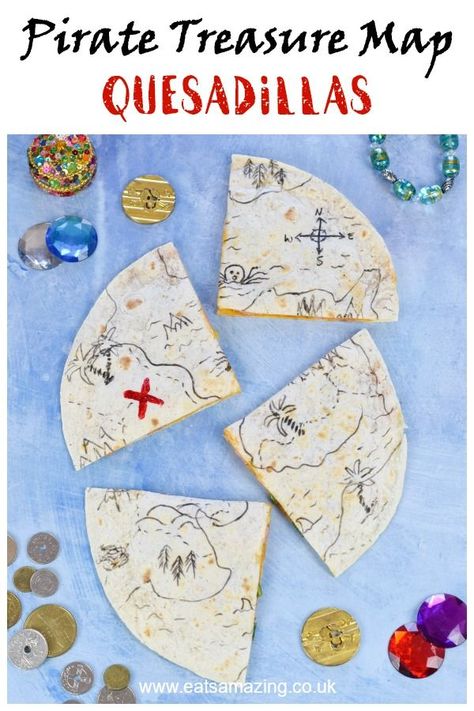 Easy edible pirate treasure map quesadillas recipe - fun pirate party food idea that is perfect for kids lunch boxes too  #EatsAmazing #partyfood #funfood #kidsfood #kidsparty #pirates #partyideas #foodart #edibleart #ediblecraft #treasuremap #healthykids Pirate Meal Ideas, Pirate Dinner Party Food, National Treasure Party, Pirate Brunch, Pirate Party Food Ideas For Adults, Pirate Food Ideas For Adults, Pirate Party Food Ideas, Pirate Themed Food, Pirate Activity