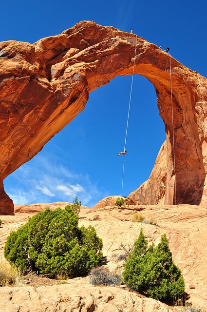 Rapelling Corona Arch in Moab, Utah Rock Arch, Utah Adventures, Extreme Adventure, Utah Travel, Moab Utah, Fairy Queen, Thrill Seeker, Arches National Park, Rock Climbing