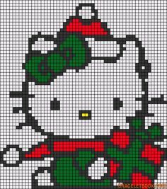 Cross Stitch Pattern - Christmas Hello Kitty - BraceletBook.com Hello Kitty Christmas Perler Beads, Hello Kitty Christmas Pixel Art, Christmas Crochet Ideas, Christmas Pixel Art, Perler Christmas, Christmas Hello Kitty, C2c Crochet Pattern Free, Christmas Perler Beads, Christmas Tapestry