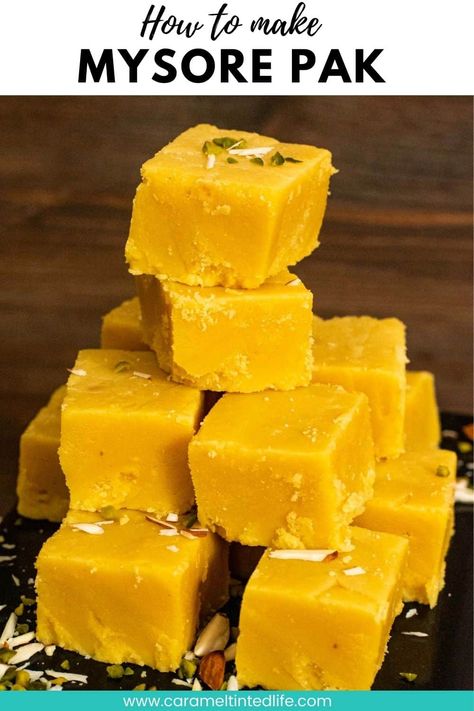 Mysore Pak is an Indian sweet prepared with besan (gram flour) cooked in a mixture of sugar and ghee. A melt-in-the-mouth delicacy, this sweet treat is very popular especially during the festival of Diwali. Make it at home with this easy-to-follow recipe! Mysore Pak, Easy Indian Dessert, Indian Recipes Authentic, Seared Chicken Breast, Indian Appetizers, Easy Chicken Breast, Tandoori Masala, Easy Indian Recipes, Gram Flour