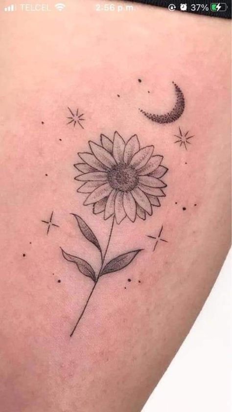 Sunflower And Stars Tattoo, Fine Line Sunflower Tattoo, Tattoo Sunflower, Coverup Tattoo, Ghibli Tattoo, Writing Tattoos, Awesome Tattoos, Cover Up Tattoo, Sunflower Tattoo