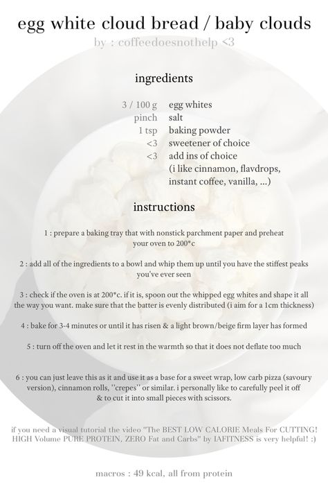 Lowcal Recipe, Wl Food, Protein Foods List, Bread Calories, Overnight Oats Recipe Easy, Model Diet, Cloud Bread, White Food, Healthy Low Calorie Meals