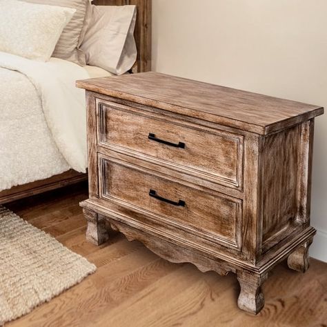 Rustic Distressed Solid Wood 2-Drawer Nightstand Bed Side Table - On Sale - Bed Bath & Beyond - 40167230 Western Night Stands, Western Nightstand, Modern Earthy Bedroom, Distressed Nightstand, Distressed Bedroom Furniture, Bedroom Side Table Ideas, Green Nightstand, Nightstand Aesthetic, Bedroom Ideas Green