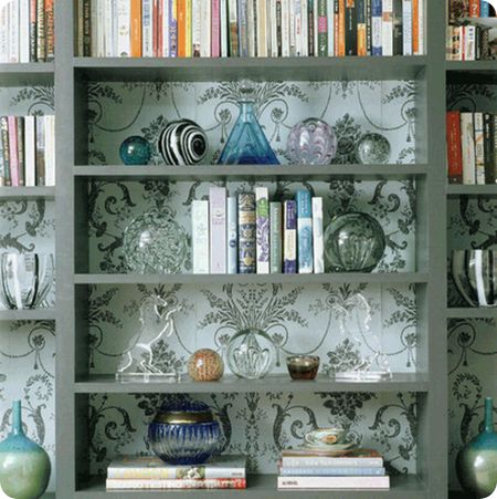 Love this Wallpaper Bookcase, Wallpaper Bookshelf, Styling A Bookcase, Open Bookshelves, Bookcase Styling, With Wallpaper, Wallpaper Accent Wall, Character Home, Inspirational Wallpapers