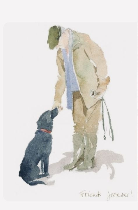 Watercolor People Simple, Watercolour Greeting Cards, Man And His Dog, Dog Design Art, Dog Watercolor Painting, Abstract Figure Art, Dog Portraits Art, Sketch Note, Human Figure Sketches