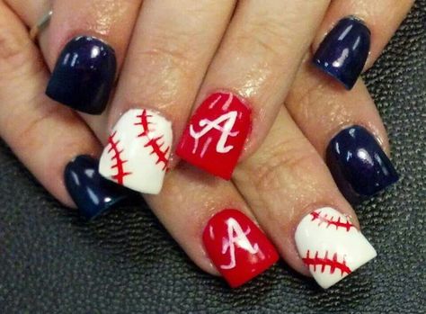 Make a small change for diamondbacks!! Braves Baseball Nails, Atlanta Braves Nails Designs, Atlanta Braves Nails, Braves Nails, Baseball Nail Designs, Glitzy Nails, Baseball Wife, Press On Nails Size, Baseball Nails