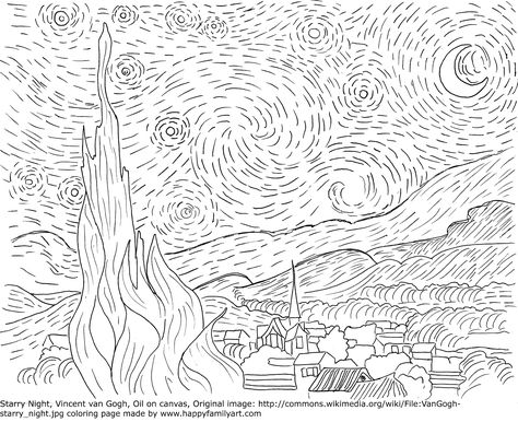 Starry Night Coloring Page, Famous Art Coloring, Lukisan Van Gogh, Van Gogh Coloring, Desenhos Van Gogh, فنسنت فان جوخ, Gogh The Starry Night, Starry Night Art, Coloring Pages Inspirational