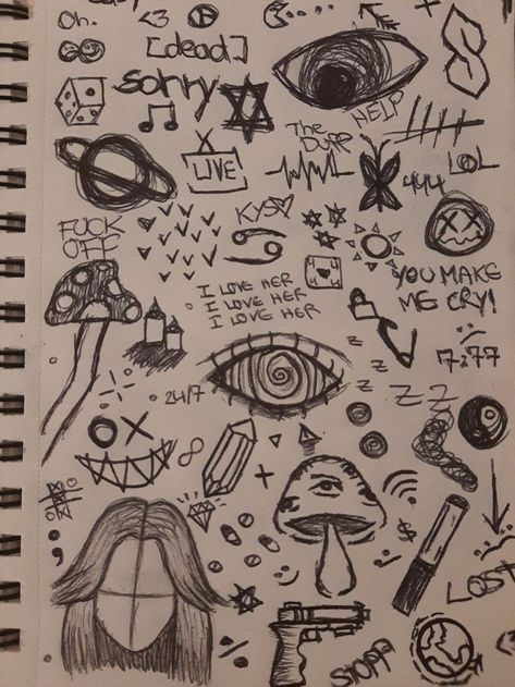 Page Full Of Sketches, Aesthetic Indie Drawings Easy, Small Goth Doodles, Easy Things To Sketch Doodles, Emo Doodles Easy, Punk Doodles Drawings, Small Grunge Drawings, Grudge Drawings Aesthetic, Things To Draw Grunge