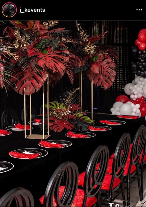 Red Black And Gold Flower Arrangements, Black Pampas Grass Centerpiece, Red Black Gold Party Decoration, Black And Red Floral Arrangements, Red Black And Gold Event Decor, Red And Black Gala Decor, Red Arrangements, Red Anthurium Centerpiece, Masculine Party