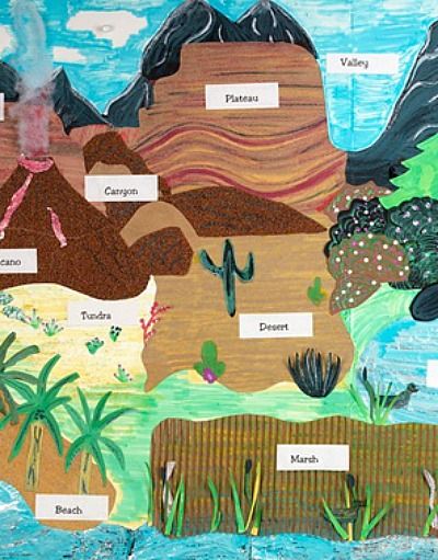 Create a unique, stunning display of the Earth's landforms. Showcase learning with textured materials such as sandpaper, aluminum foil, and corrugated paper. | geology and geography Grades 2,3,4,5: Across the Landscape Teaching Landforms, Landform Projects, Teach Spelling, Homeschool Geography, Interactive Science, Animals And Plants, Arts Integration, Earth And Space Science, Teaching Social Studies