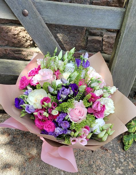 A hand tied bouquet of pink and white roses, spray roses and Mixed Lisianthus. Tuberose Hand Bouquet, Roses Bunch Bouquets, Rose And Delphinium Bouquet, Florist Arrangements, Mixed Pink Flower Bouquet, Pink Spray Roses Bouquet, St Helier, Pink And White Roses, Flower Bouquet Diy